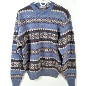 Vintage Classic Directions Blue & Brown Striped 100% Wool Sweater Womens XL